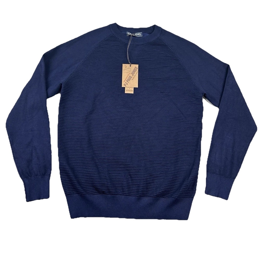PJ Paul Jones Sweater Mens M Ribbed Textured Navy Blue Crew Neck Stretch Viscose